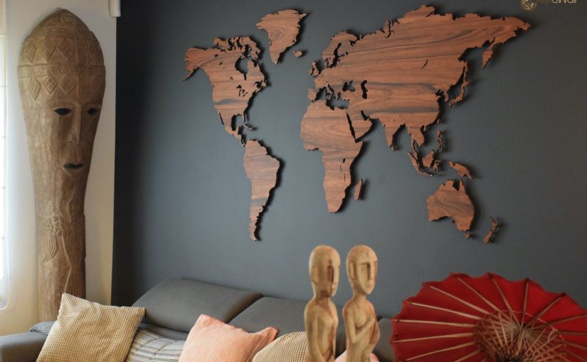 Palisander houten wereldkaart met landsgrenzen